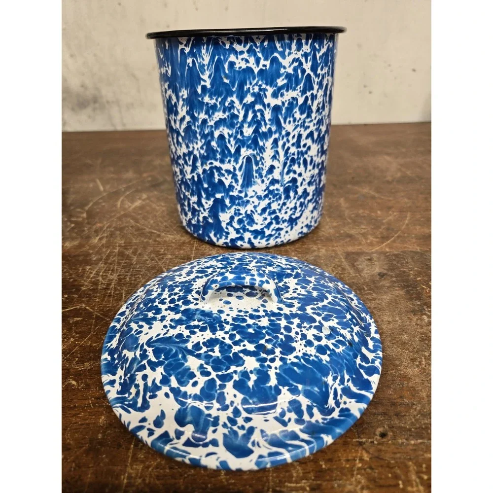 Vintage Blue White Splatter Enamelware Canister Set of 4 Lidded Nesting
